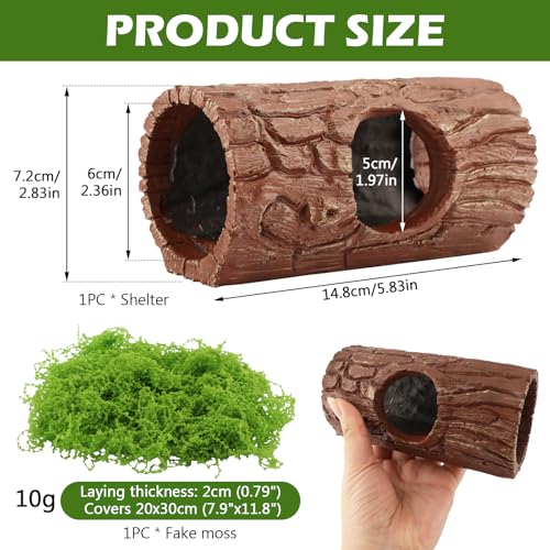 Reptile Hide Cave, Resin Hollow Tree Trunk Hideout with Faux Moss Set, Reptile & Amphibian Habitat Hideouts, for Arboreal Reptiles, Hermit Crabs, Leopard Gecko, Lizard Terrarium Decor