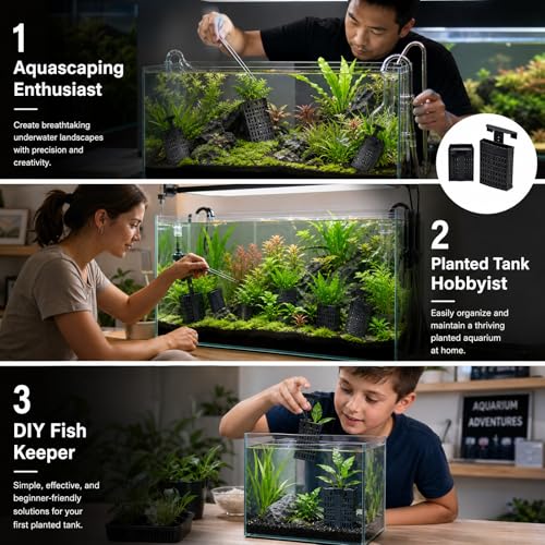 2Pcs– Aquarium Plant Holder, Fish Tank Plant Stand, 3-in-1 Mounting, Adjustable Height, Extendable Hook, with 2 Side and 4 Bottom Suction Cups (Black)