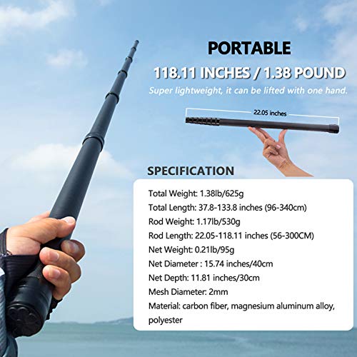 9ft/11.15ft Extra Long Fishing Net with Telescoping Handle, Carbon Fiber Extendable Landing Net, Dip Net for Fishing, Crab nets for Crabbing, Rubber Coated Netting, Holds up to 20lbs - style: 11.15ft/133.8"