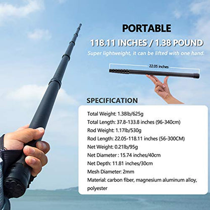 9ft/11.15ft Extra Long Fishing Net with Telescoping Handle, Carbon Fiber Extendable Landing Net, Dip Net for Fishing, Crab nets for Crabbing, Rubber Coated Netting, Holds up to 20lbs - style: 11.15ft/133.8"
