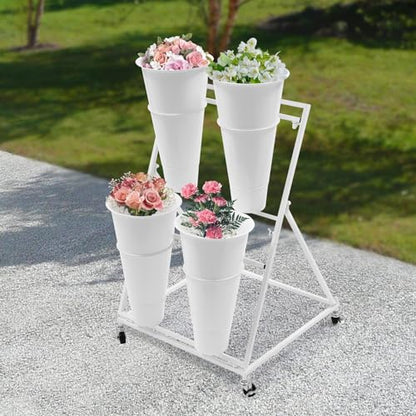 Flower Display Stand with 4 Buckets, 2 Layers, Cut Flowers Shelf Display Holder for Outdoor, Indoor, Patio, Garden, Living Room, Florist, White - style: 2 Layers 4 Buckets White