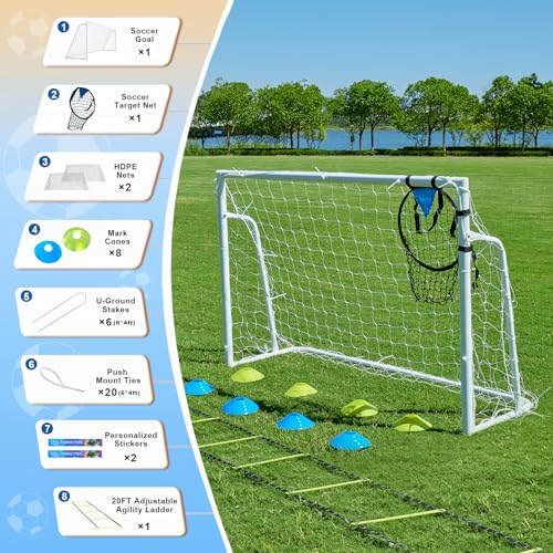 Soccer Goals for Backyard Soccer Goal 12x6 Big 10x6.5 8x6 6x4FT Soccer Goals for Youth Adults and Kids Large Metal 2" Goal Post with Agility Ladder and Target Net Soccer Cones Practice Equipment - size: 6×4 FT
