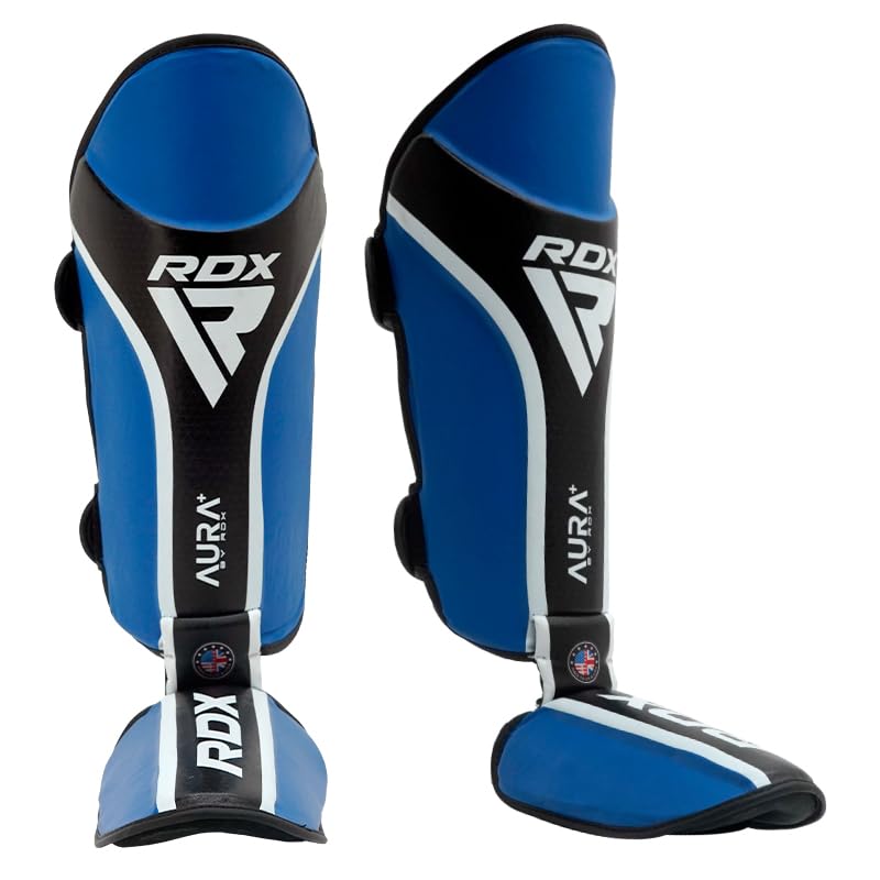 RDX Shin Guards for Kickboxing, MMA, Muay Thai Training, Maya Hide Leather Instep Pads for Sparring, Martial Arts, Gear for BJJ and Boxing - color: BLUE BLACK