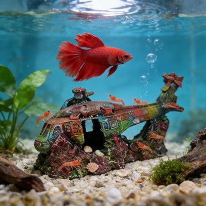 Aquarium Helicopter Ruins Ornament, Realistic Resin Stone Landscaping Decor, Safe Hiding Shelter for Fish Shrimp & Turtles, Ideal for Freshwater Saltwater Tank Aquascape