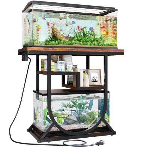 20-29 Gallon Fish Tank Stand with Power Outlet, Metal U Shaped Aquarium Stand with Storage Shelves, Heavy Duty Terrarium Rack for Home Office, 31.5" L x 15.7" W x 29.4" H, Rustic Brown