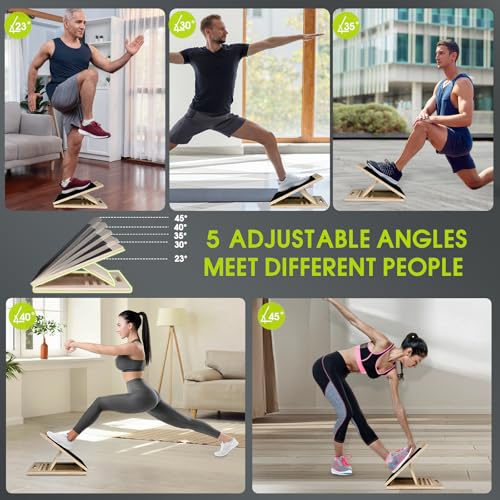 Slant Board, Wooden 5‑Angle Calf Stretcher Non‑Slip for Plantar Fasciitis & Achilles Pain Relief, 350 LBS Portable Therapy Foot Stretcher with Training Poster, Relief Leg Heel Ankle Pain