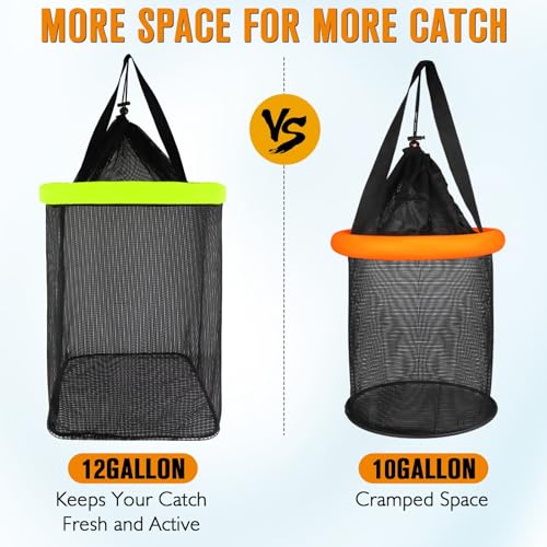 12 Gallon Floating Fish Basket for Live Caught Fish Live Bait Bucket Square Kayak Fishing Net for Fishing Live Well High-Floating for Baitfish Storage Cage Minnow Bucket Orange Green