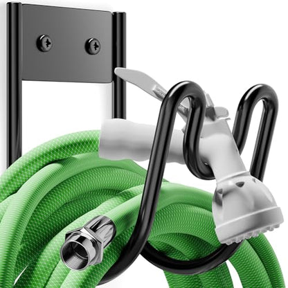 Black Metal Garden Hose Holder - Wall Mounted Water Hose Holder - Hose Hanger Heavy Duty for Water Hose Extension Cords Vacuum Hose (1 Pack)