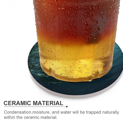 Drink Coasters Set of 6 Absorbent Round Ceramic Coasters for Coffee Fish Aquarium Table Coasters with Cork Base Tabletop Protection Mat for Home Office Kitchen