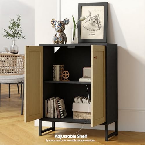 Panana Rattan Decorated 2 Doors Storage Cabinet Accent Cabinet Living Room Cupboard Kitchen Sideboard Buffet Table (Black)
