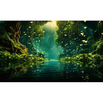Jungles Aquarium Background Dense Rainforest Tranquil Lake Terrarium Background Foggy Sunbeams Forest Jungle Style Theme Fish Tank Backdrop Wallpaper Tank Poster Decorations Vinyl 24x12in