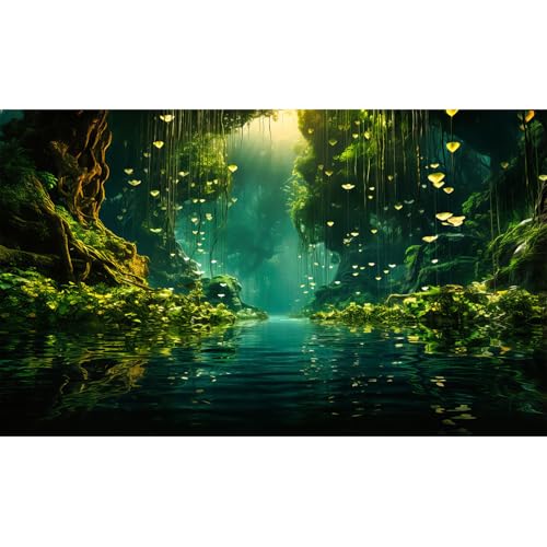 Jungles Aquarium Background Dense Rainforest Tranquil Lake Terrarium Background Foggy Sunbeams Forest Jungle Style Theme Fish Tank Backdrop Wallpaper Tank Poster Decorations Vinyl 36x18in - color: Green, size: 36(W)x18(H)in