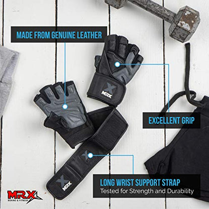MRX Weight Lifting Pro Level Gloves with 18 Inches Long Wrist Strap Gym Workout Exercise & Fitness in - color: Black Grey, size: X-Large