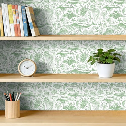 Livelynine Green Coastal Wallpaper Peel and Stick Removable Sage Green Tropical Fish Wallpaper Self Adhesive Ocean Beachy Coastal Contact Paper for Drawers Nautical Octopus Jellyfish Crab 17.5x78.8