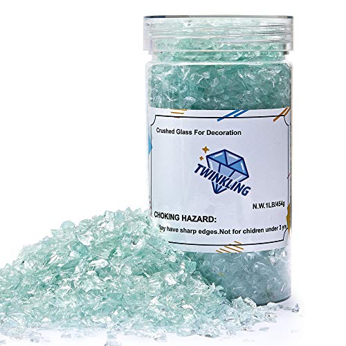 TWINKLING High Luster Fire Glass Gravel Stone Glitter,Broken Glass,Fire Gems Chips,Crushed Glass for Fire Pit Crafts Resin Art Aquarium Garden Decoration,3-6mm,1-Pound Jar (Aqua) - color: Aqua
