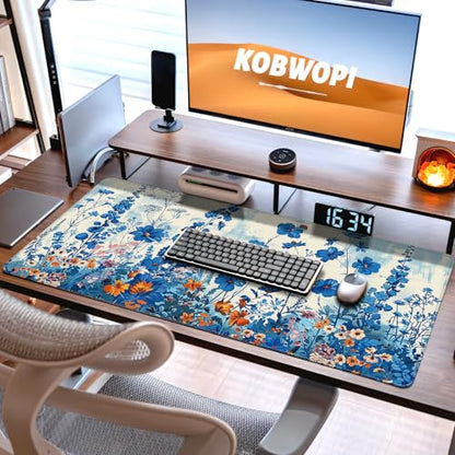 35.4 x 15.7 in, XXL Large Mouse Pad for Desk, Extended Keyboard Mouse Mat for Computer Office, Big Mouse pad with Stitched Edges, Gaming Pc-Blue Flower and Weeds - color: Blue Flower and Weeds