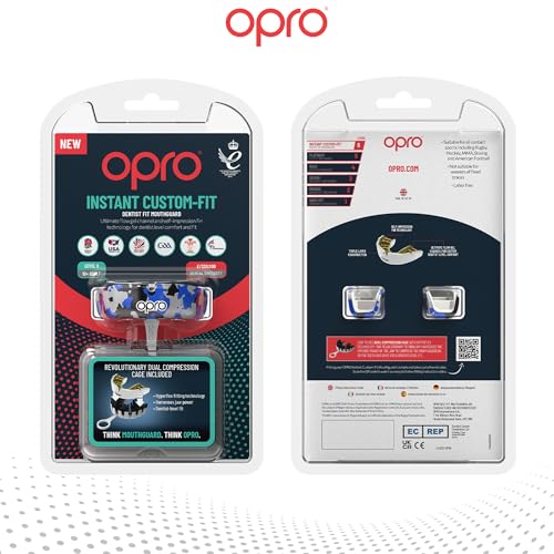 OPRO Instant Custom-Fit Mouthguard – Dentist Level Gum Shield Adult and Kids – OPRO Mouth Guard Boxing and MMA, Self-Fit Gum Shield Rugby – Maximum Protection with Dental Warranty (Black/Blue/Silver) - color: Blue Camo - Black/Blue/Silver, size: Adult (10