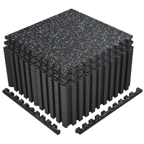 SUPERJARE 1" Extra-Thick Rubber Top Exercise Mat, Gym Flooring for Home Gym | Puzzle Gym Mat for Workout Equipment, Interlocking Floor Tiles with EVA Foam, 18 Pcs 72 Sq Ft, Black/Grey - size: 18 Tiles (72 Sq Ft)