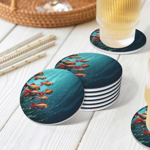 Coasters for Drinks Set of 6 Absorbent Ceramic Drinks Coasters with Holder Cup Mat Pad Fish Aquarium Decorative Coffee Cup Beverage Coasters for Tabletop Protection Home Decor
