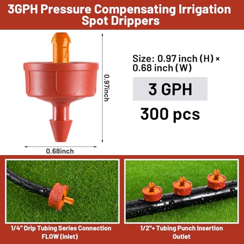 300 PCS 3 GPH Pressure Compensating Drip Irrigation Spot Dripper, High Flow Drip Irrigation Emitters Heads for Large Trees Bushes, Irrigation Drippers Parts for Orchard Large-Scale Outdoor Irrigation - size: 3 GPH 300PCS