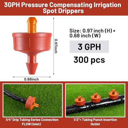 300 PCS 3 GPH Pressure Compensating Drip Irrigation Spot Dripper, High Flow Drip Irrigation Emitters Heads for Large Trees Bushes, Irrigation Drippers Parts for Orchard Large-Scale Outdoor Irrigation - size: 3 GPH 300PCS