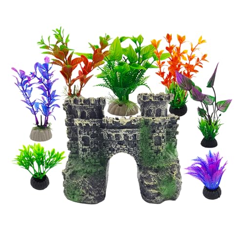 8PCS Aquarium Castle Decor, Resin Fish Tank Accessories with Artificial Plants for Saltwater Aquariums, Small Fish Tank Decor