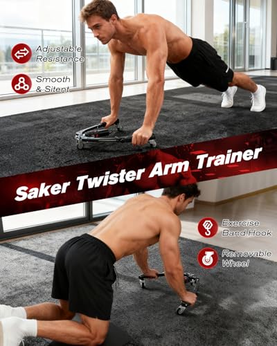 Saker Twister Arm Trainer, 3-in-1 Hydraulic Chest Workout Equipment with Ab Roller Wheel, Adjustable 22-440lbs Arm Trainer for Men & Women, Home Gym for Full Body Training