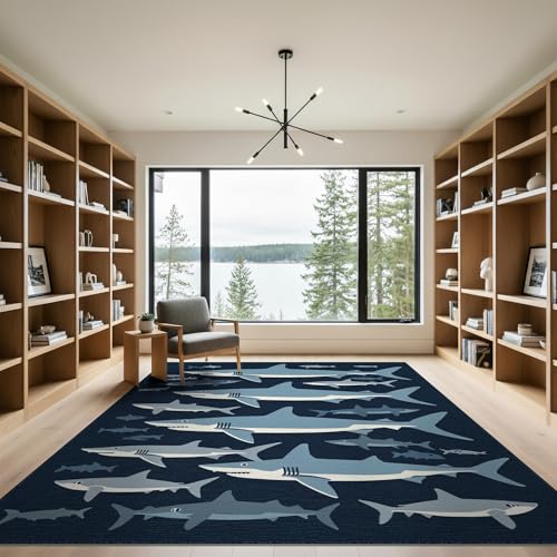 9'x12' Washable Graphic Fish Oversized Rug, Blue Non-Shedding Pet Friendly Carpet for Master Suite, California King, Under Bed, Foldable Easy Care Mat | Ref:2070230