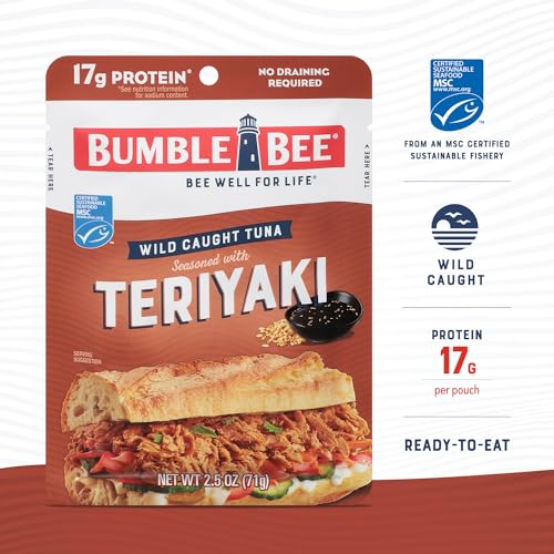 Bumble Bee Teriyaki Seasoned Tuna Pouch - Ready to Eat, Wild Caught Fish for Snack, Salad, Korean Tuna Bowl - 17g Protein per Serving - PERFECT, PORTABLE, GOODNESS - 2.5 oz Packet (Pack of 12)