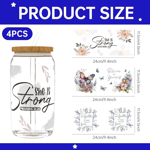 4 PCS Bible Quotes UV DTF Cup Wrap Stickers for 16oz Libbey Cups | Vibrant Colors; Strong Adhesion; Hand Washable & Scratch Resistant; Easy to Use Cold Transfer stickers; Fits Smooth Surfaces