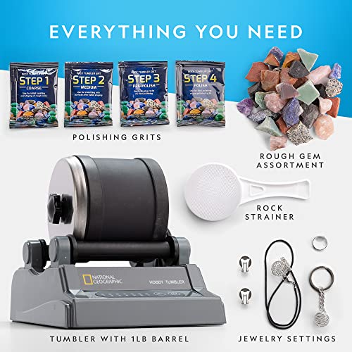National Geographic Rock Tumbler Kit – Hobby Edition Includes Rough Gemstones, and 4 Polishing Grits, Great STEM Science Kit for Geology Enthusiasts, Rock Polisher for Kids and Adults - style: Hobby Kit