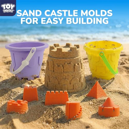 TOY Life Kids Beach Sand Castle Bucket Set, 2 Buckets with Mesh Bag, 6 Molds, 2 Shovels, Colorful Plastic Beach Toys for Summer Play