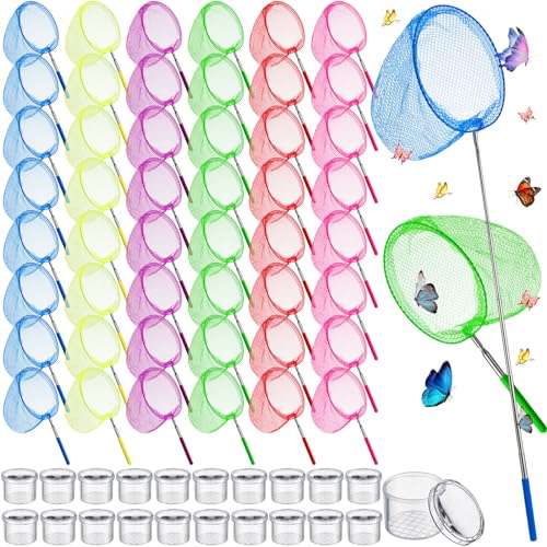48 Pcs Kids Butterfly Fishing Nets Bulk Colorful Telescopic Butterfly Fishing Nets with Stainless Steel Pole Handle 34 Inch with 20 Pcs Plastic Insect Bottle Nature Exploration Toys