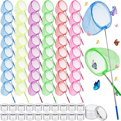 48 Pcs Kids Butterfly Fishing Nets Bulk Colorful Telescopic Butterfly Fishing Nets with Stainless Steel Pole Handle 34 Inch with 20 Pcs Plastic Insect Bottle Nature Exploration Toys