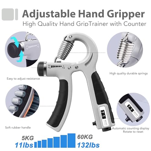 Grip Strength Trainer Kit with Finger Exerciser, Hand Grip Strengthener, Hand Extension Exerciser, Stress Relief Ball, Grip Ring, Gyro Ball for Muscle Building and Injury Recover - color: Gray&Black