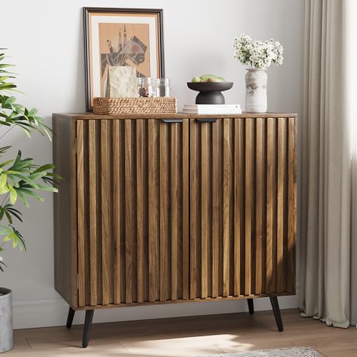 Walnut Buffet Cabinet with Storage, Sideboard Cabinet with Fluted Doors and Metal Legs, Storage Cabinet with Adjustable Shelf, Accent Table for Living Room, Dining Room, Kitchen, Entryway - color: Walnut, size: 31.5"W