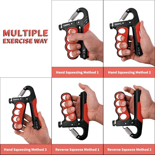 Senston Grip Strength Trainer 2 Pack, Adjustable 11-220lbs with Counter | 2-Pack Set / 11-220 lbs Adjustable / Auto Rep Counter / Four-Finger Design / Non-Slip Grip - color: Red