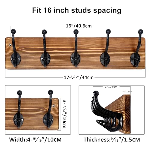 WEBI Rustic Coat Rack Wall Mount,5 Cast Iron Coat Hooks Wall Mounted,Heavy Duty Wall Coat Hanger Hooks for Hanging Coats,Clothes,Rustic Brown - color: Brown, size: 17 Inch