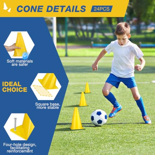 24pcs Cones 9 Inch Soccer Cones and Plastic Traffic Cones, Durable Cones for Sports Training, Ideal for Soccer, Basketball, Football, Skating, and Agility Drills Practice - color: yellow