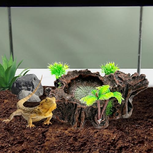 Reptile Water Dish, Snake Water Bowl, Resin Turtle Basking Platform with Artificial Plants, Crested Gecko Tank Accessories for Bearded Dragon, Hermit Crab, Snake (Smooth)