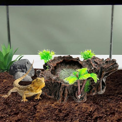 Reptile Water Dish, Snake Water Bowl, Resin Turtle Basking Platform with Artificial Plants, Crested Gecko Tank Accessories for Bearded Dragon, Hermit Crab, Snake (Smooth)
