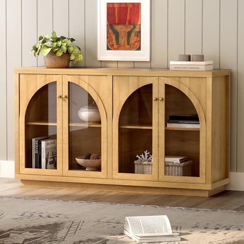 Storage Cabinet with 4 Doors, Arched Sideboard Buffet Cabinet with Adjustable Shelves, Accent Display Cabinet with Acrylic Door for Living Room, Entryway, Dining Room, Natural Oak