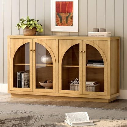 Storage Cabinet with 4 Doors, Arched Sideboard Buffet Cabinet with Adjustable Shelves, Accent Display Cabinet with Acrylic Door for Living Room, Entryway, Dining Room, Natural Oak