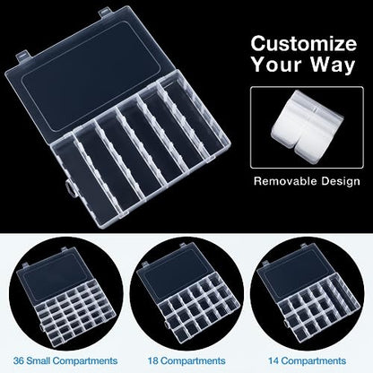 36 Grids Clear Plastic Organizer Box with Adjustable Dividers, 36 Compartment Clear Storage Container for Bead Organizer, Fishing Tackles, Felt Board and Jewelry Storage