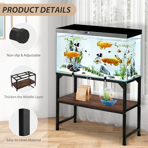 10-20 Gallon Fish Tank Stand, Metal Aquarium Stand with Adjustable Non-Slip Foot and Wooden Shelf, Reptile Tank Stand Easy to Assemble for Home Office, Firm and Steady(Tank not Included) - color: BLACK-01