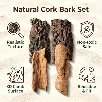 4PCS Reptile Cork Bark, Natural Cork Terrarium Background Reptile Climbing Mat Habitat Decor for Turtles, Lizards, Bearded Dragons, Chameleons