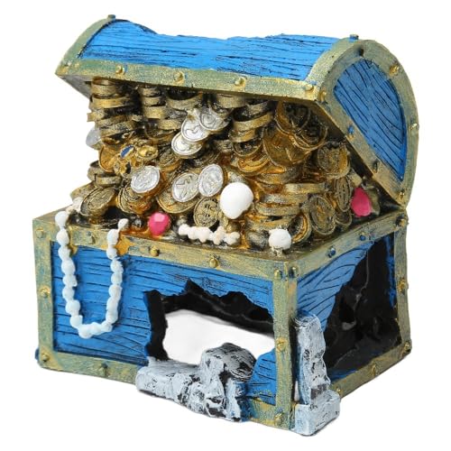 5.1 Inch Blue Resin Treasure Chest Landscape Hideaway Treasure Box Decorative Chest Fish Tank Aquarium Ornament