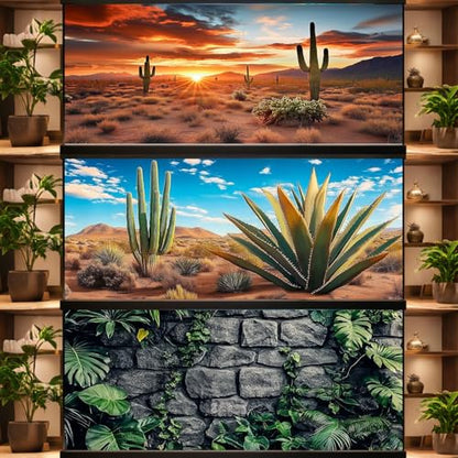 48X20IN 3 Pack Aquarium Terrarium Fish Tank Background, Reptile Habitat Bearded Dragon Tank Background, Polyester Black Rock Sun and Desert Cactus Terrarium Decor Wallpaper - size: 48X20in/120X50cm