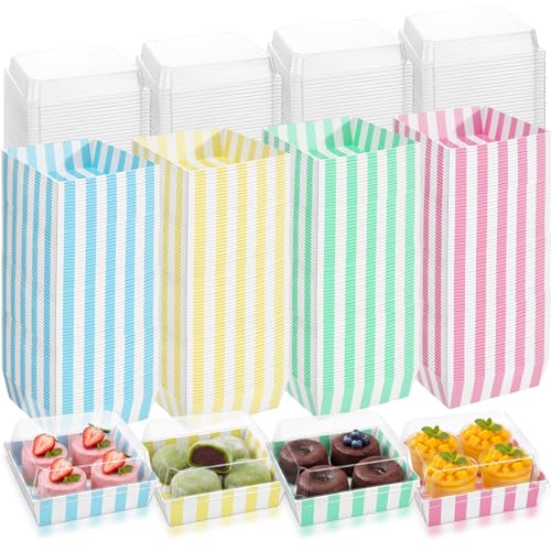 100 Pcs 5 Inch Small Charcuterie Boxes with Clear Lids Cake Slice Containers Striped Paper Bakery Boxes Disposable Food Containers for Dessert Cookie Sandwich Mini Cake Strawberry