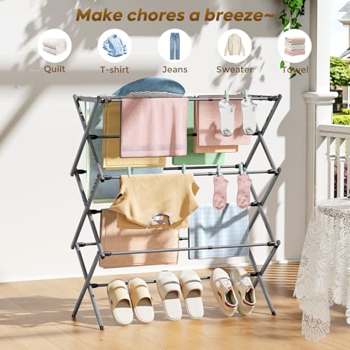 KINGBOARD 3-Tier Extendable Clothes Drying Rack, Small & Foldable, Grey | 37.4"H x 33.8"W x 11.2"D, Space-Saving Collapsible, Easy Assembly, Rust-Resistant Iron Frame, Indoor Outdoor Use, 25lb - color: Gray